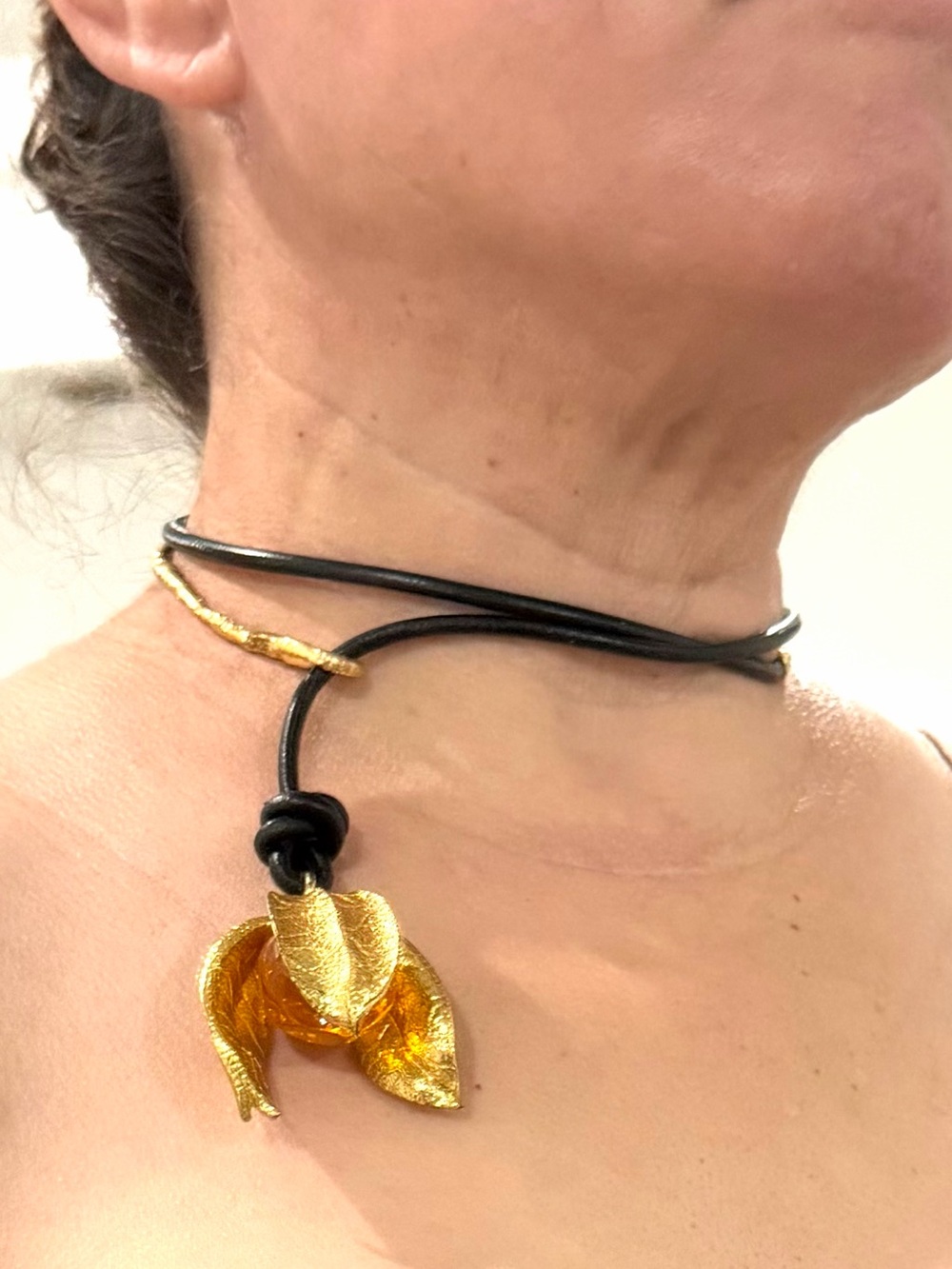 ZARA Gold Floral Statement Necklace | Adjustable Black Cord Choker Bold Designer